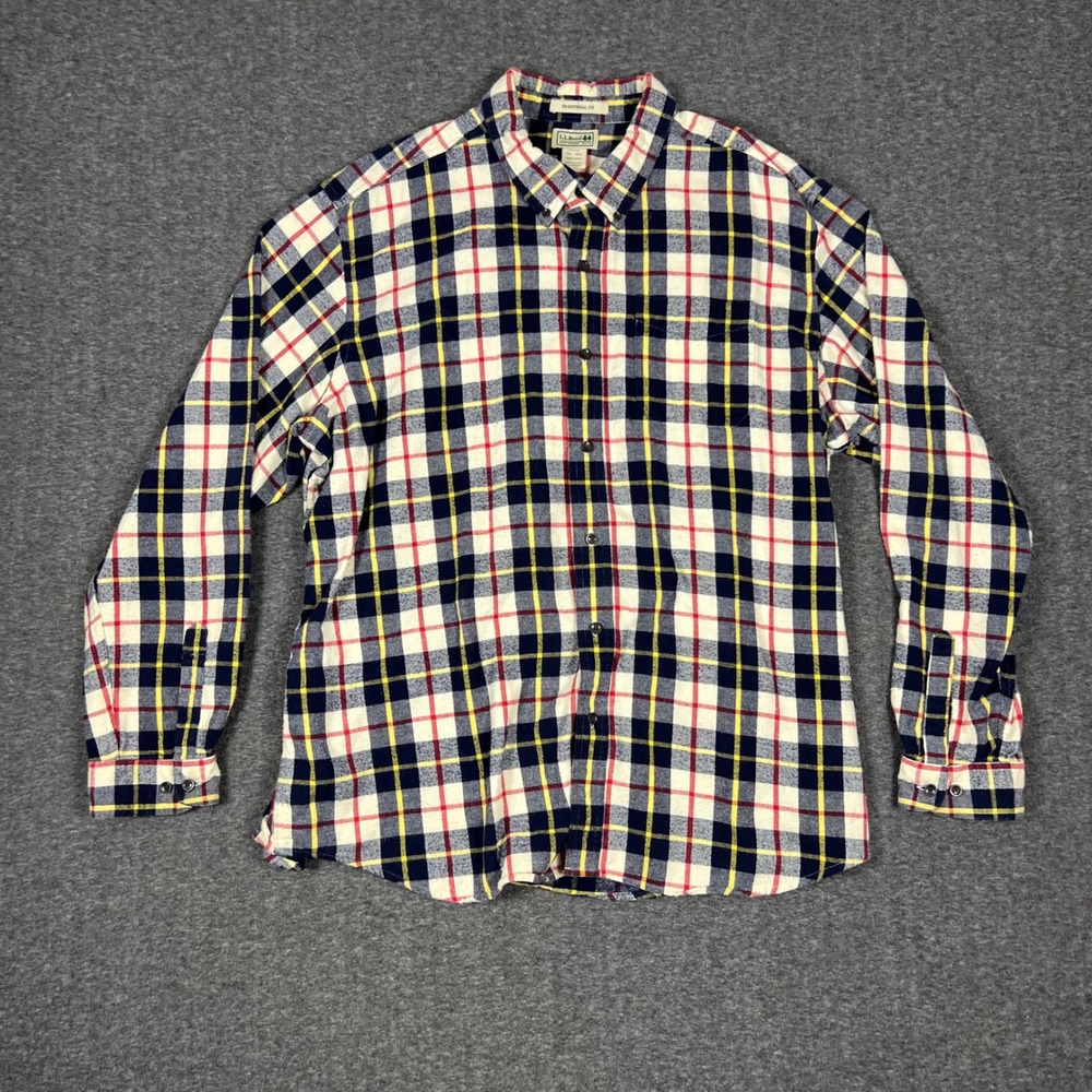 LL Bean Flannel Shirt Men's XXL White Navy Red Plaid Traditional Fit Preppy